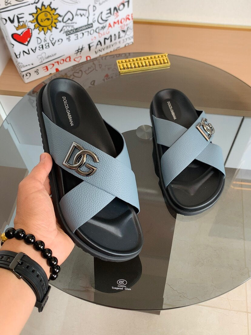 Dolce & Gabbana DG Men's Leather Strap Sandals with Aluminum Buckle