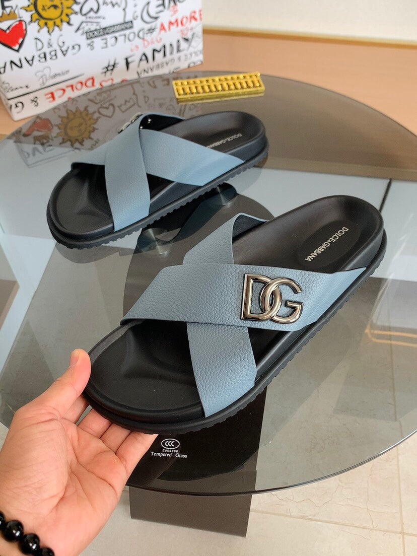 Dolce & Gabbana DG Men's Leather Strap Sandals with Aluminum Buckle