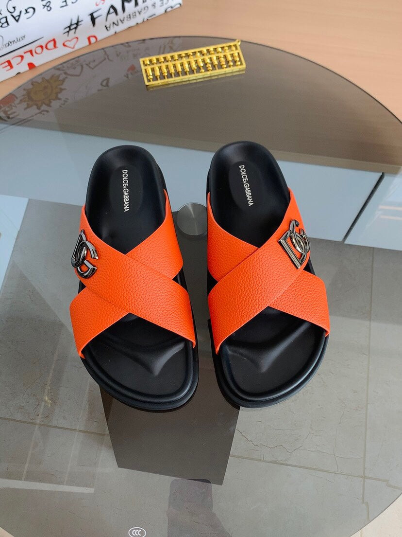Dolce & Gabbana DG Men's Leather Strap Sandals with Aluminum Buckle