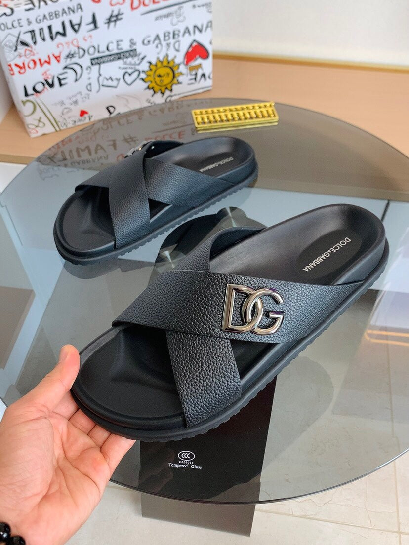 Dolce & Gabbana DG Men's Leather Strap Sandals with Aluminum Buckle