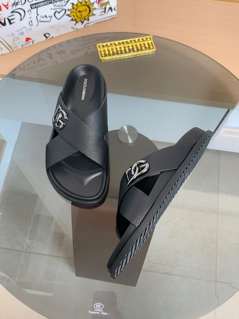 Dolce & Gabbana DG Men's Leather Strap Sandals with Aluminum Buckle