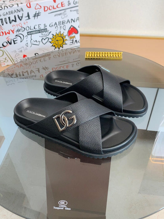 Dolce & Gabbana DG Men's Leather Strap Sandals with Aluminum Buckle