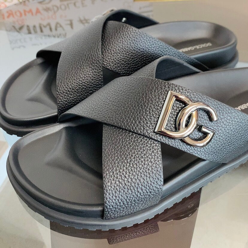 Dolce & Gabbana DG Men's Leather Strap Sandals with Aluminum Buckle