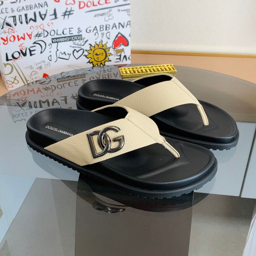 Dolce & Gabbana DG Men's Leather Strap Sandals with Aluminum Buckle