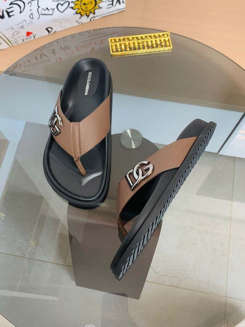 Dolce & Gabbana DG Men's Leather Strap Sandals with Aluminum Buckle