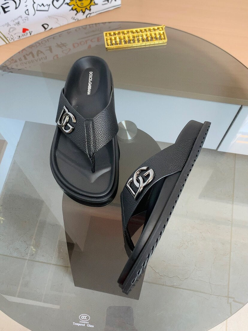 Dolce & Gabbana DG Men's Leather Strap Sandals with Aluminum Buckle