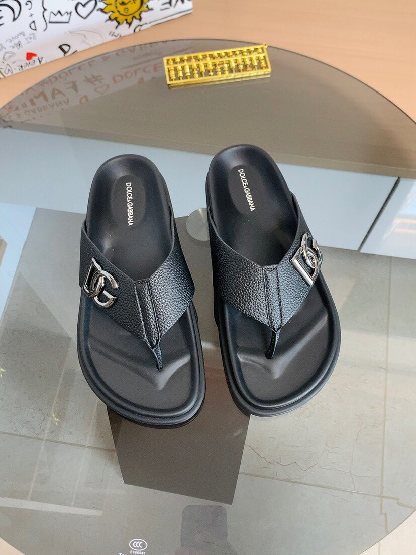 Dolce & Gabbana DG Men's Leather Strap Sandals with Aluminum Buckle