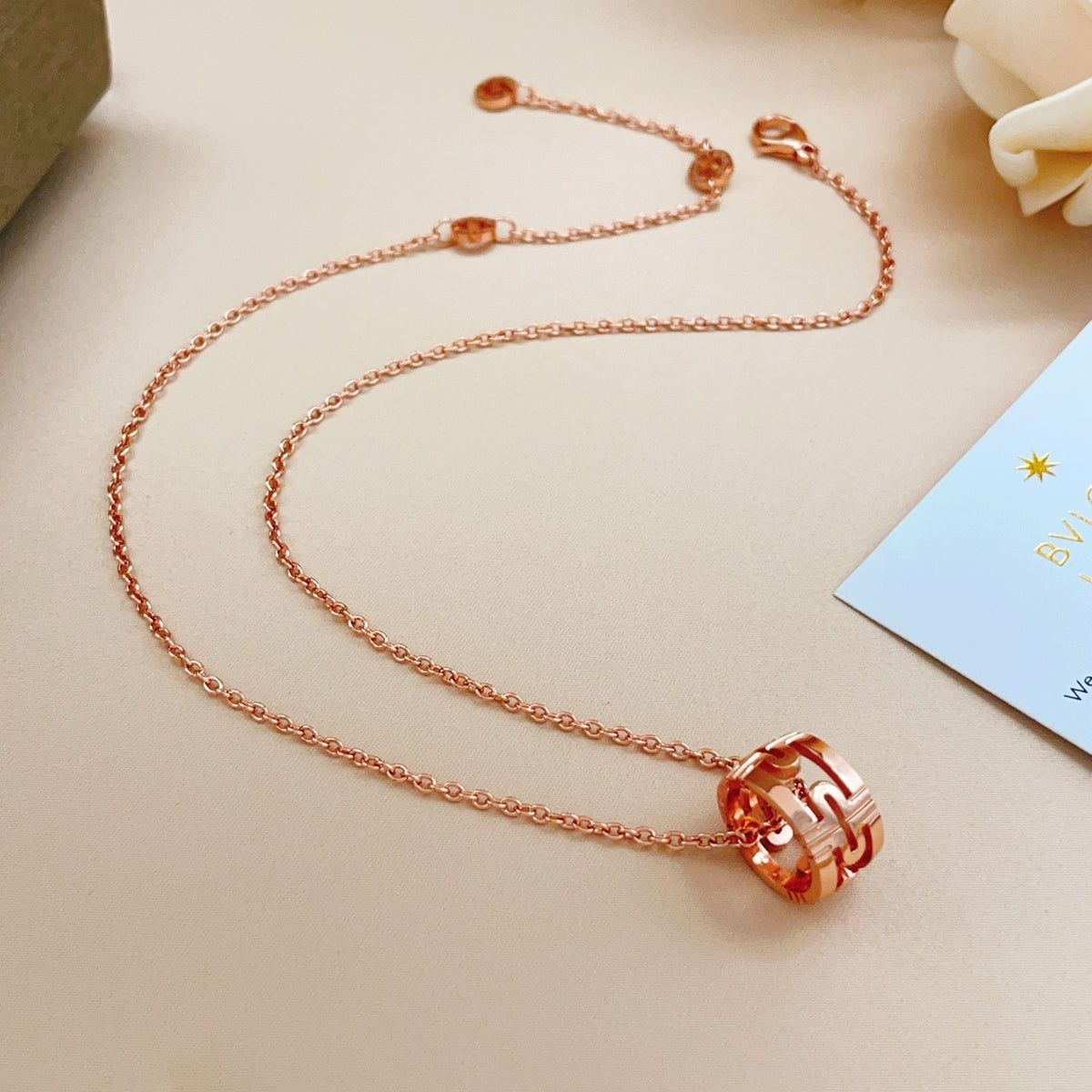 rose gold brass rose Necklace for women - alternate angle view 3