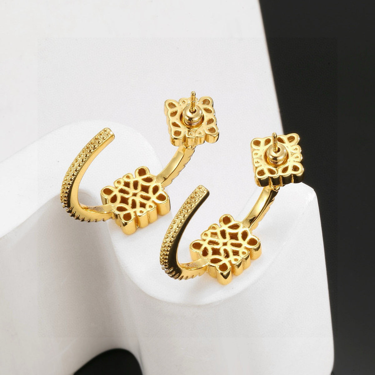 gold crystal floral Drop Earrings for women - alternate angle view 4