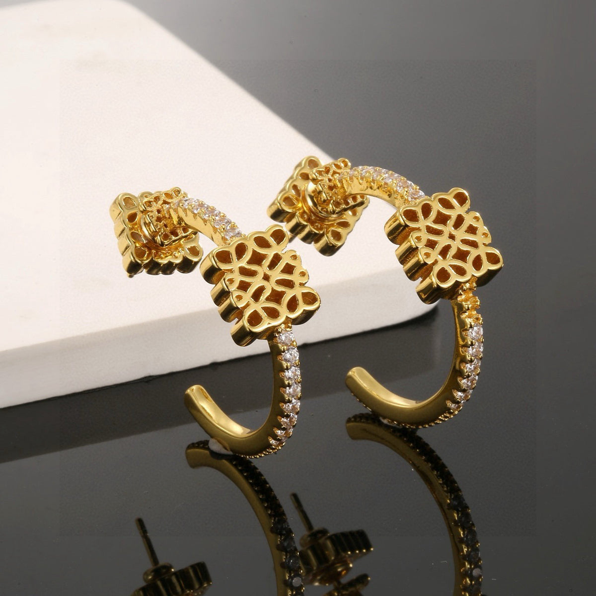 gold crystal floral Drop Earrings for women - product detail view