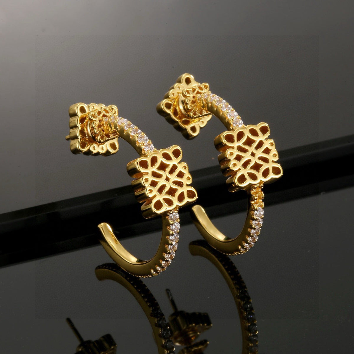 gold crystal floral Drop Earrings for women - alternate angle view 2