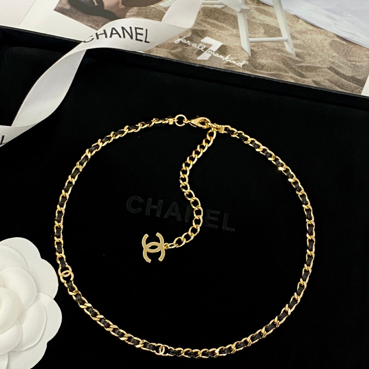 black and gold leather vintage Necklace for women - alternate angle view 2