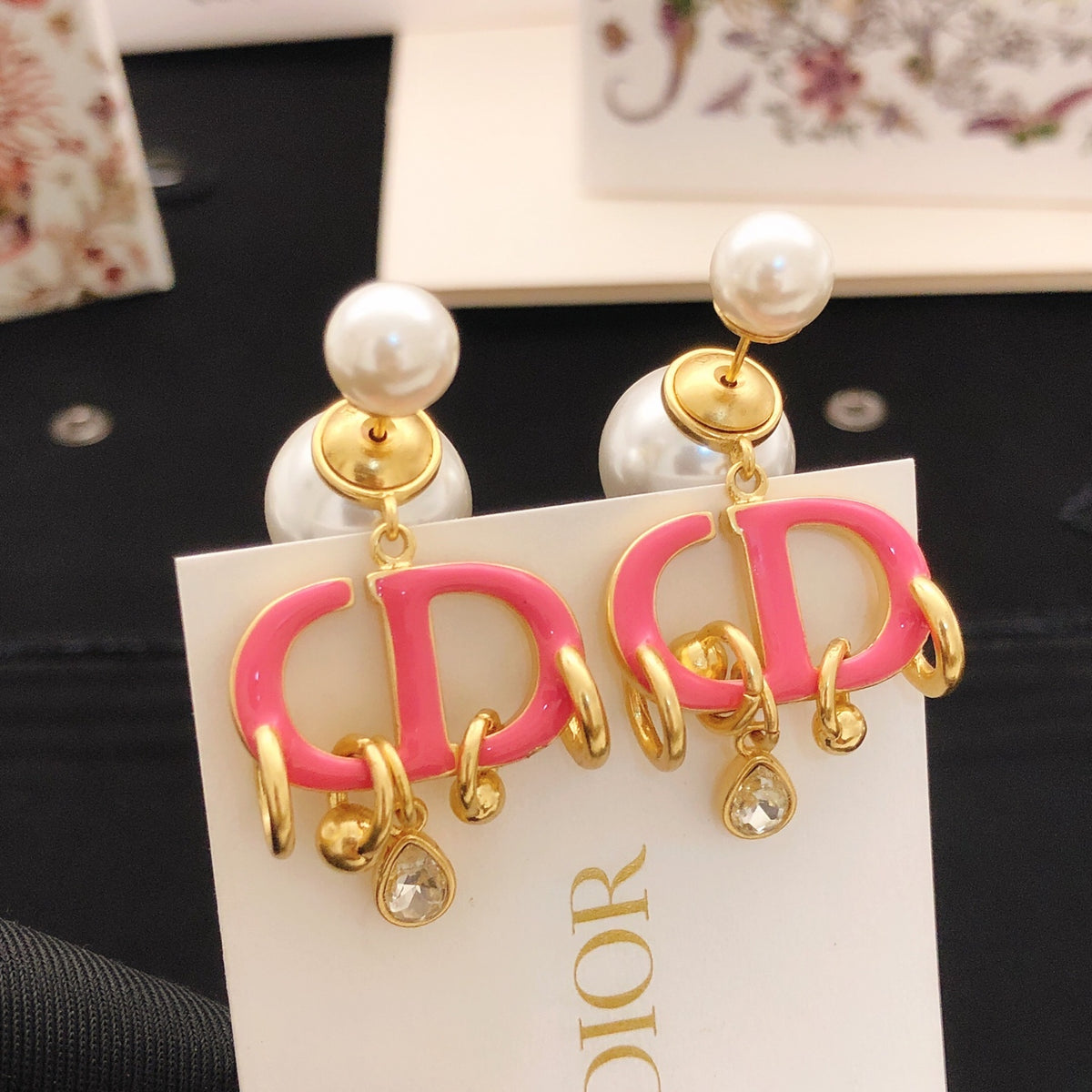 pink brass tassel Stud Earrings for women - alternate angle view 3