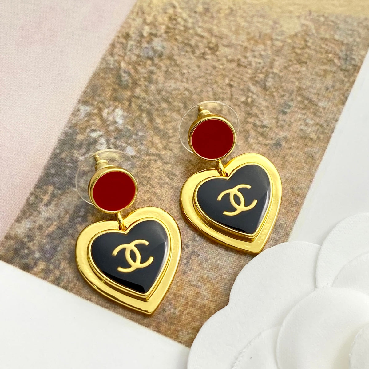 black and gold enamel heart Drop Earrings for women - alternate angle view 2