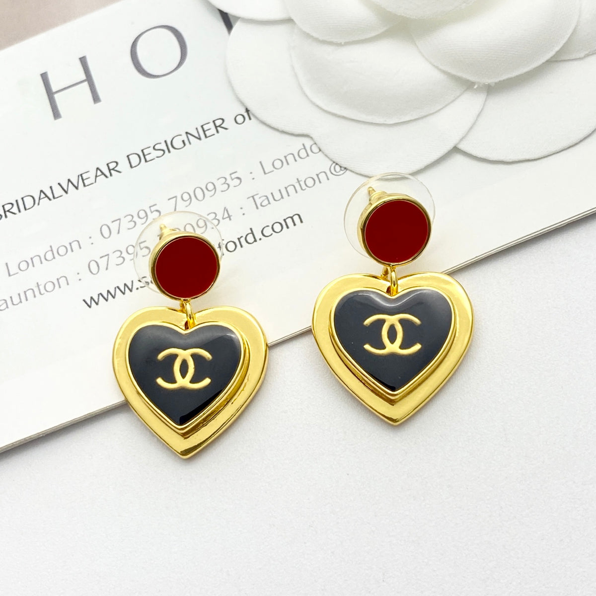 black and gold enamel heart Drop Earrings for women - alternate angle view 5