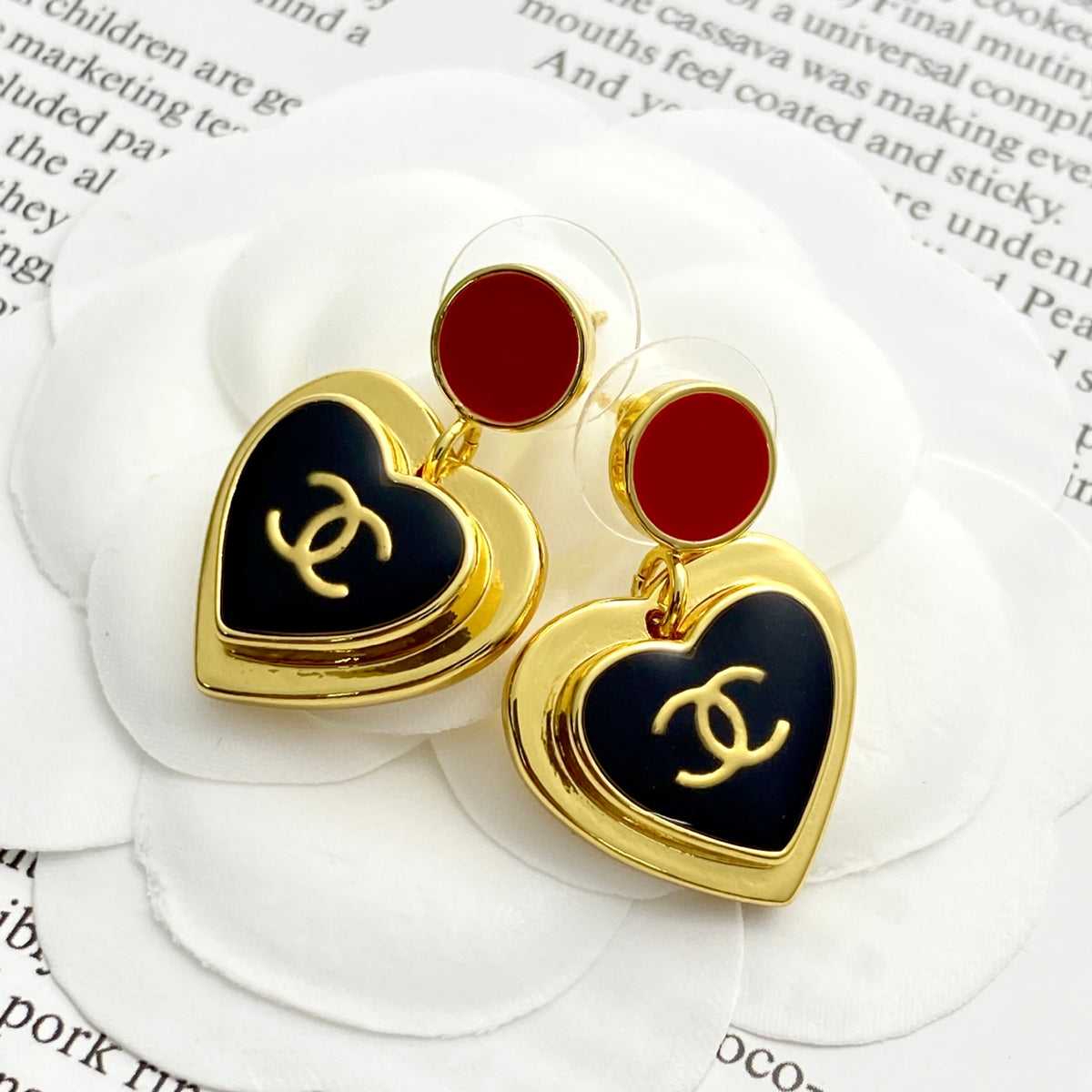 black and gold enamel heart Drop Earrings for women - alternate angle view 4