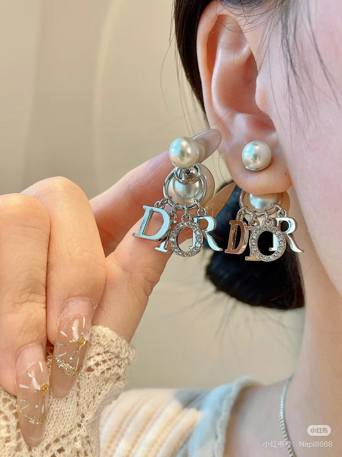 silver pearl letter Drop Earrings for women - alternate angle view 6