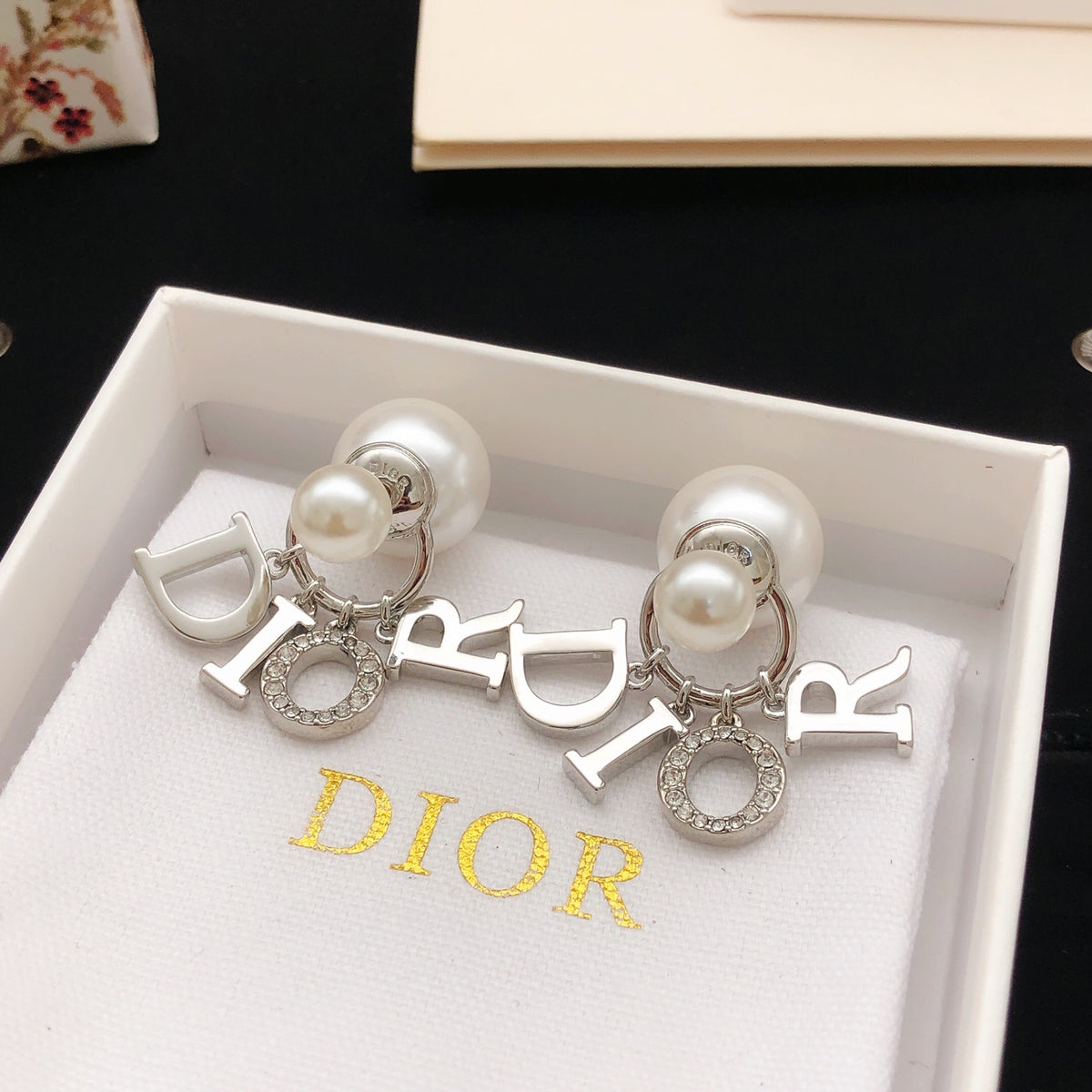 silver pearl letter Drop Earrings for women - alternate angle view 4