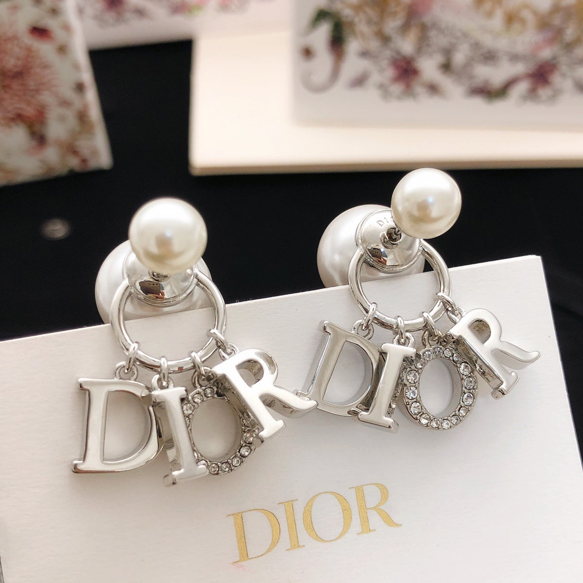 silver pearl letter Drop Earrings for women - alternate angle view 3