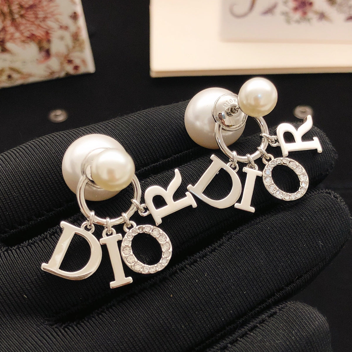 silver pearl letter Drop Earrings for women - product detail view