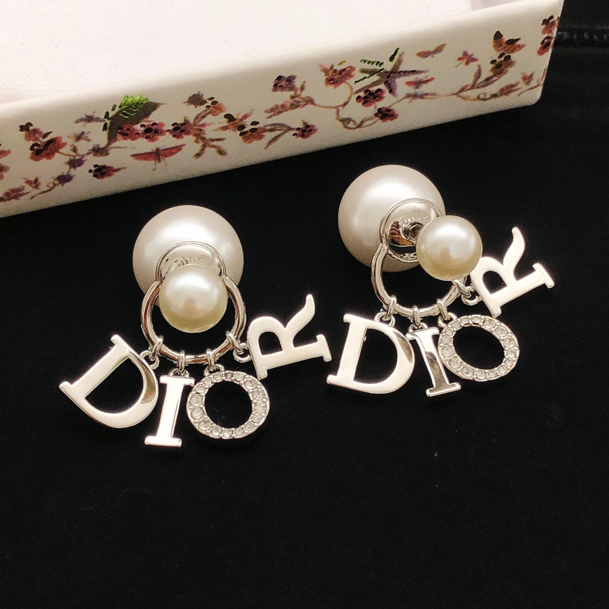 silver pearl letter Drop Earrings for women - alternate angle view 2