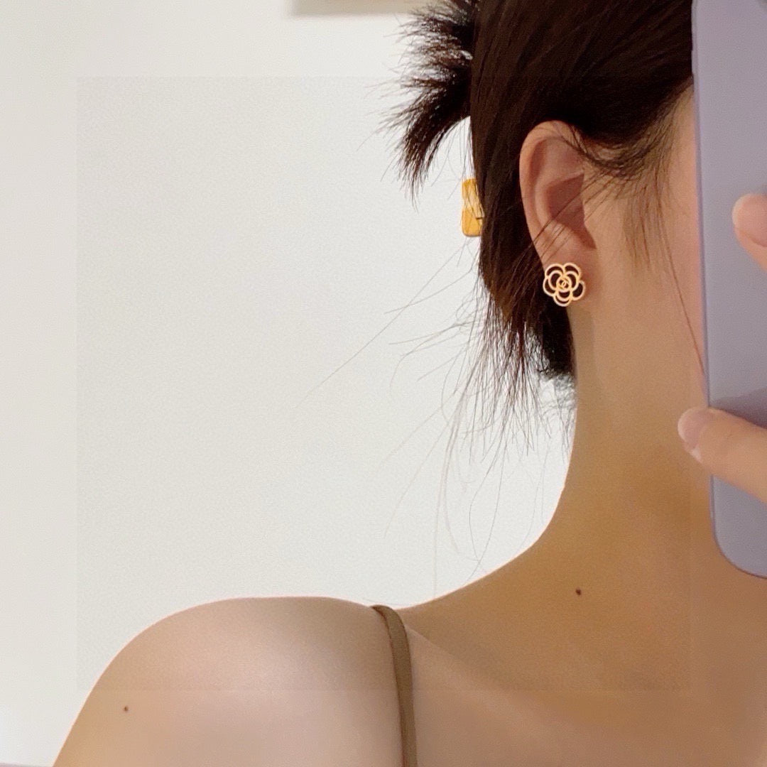 black and white silver post floral Stud Earrings for women - alternate angle view 2