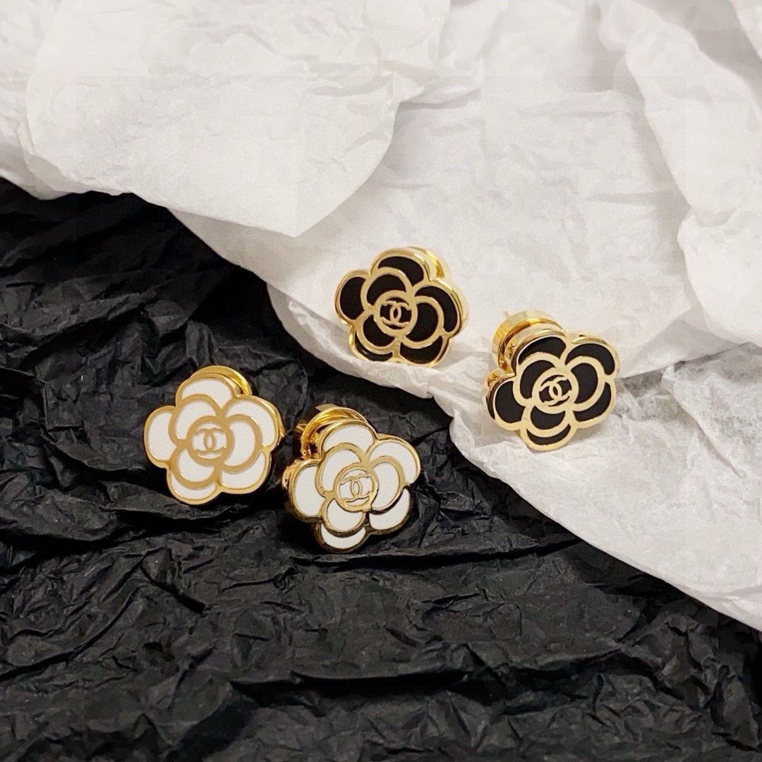 black and white silver post floral Stud Earrings for women - alternate angle view 6