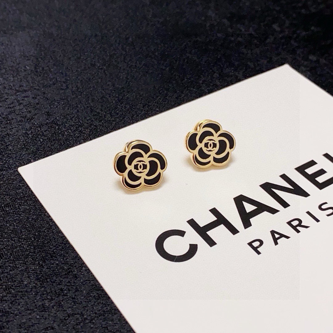 black and white silver post floral Stud Earrings for women - alternate angle view 3