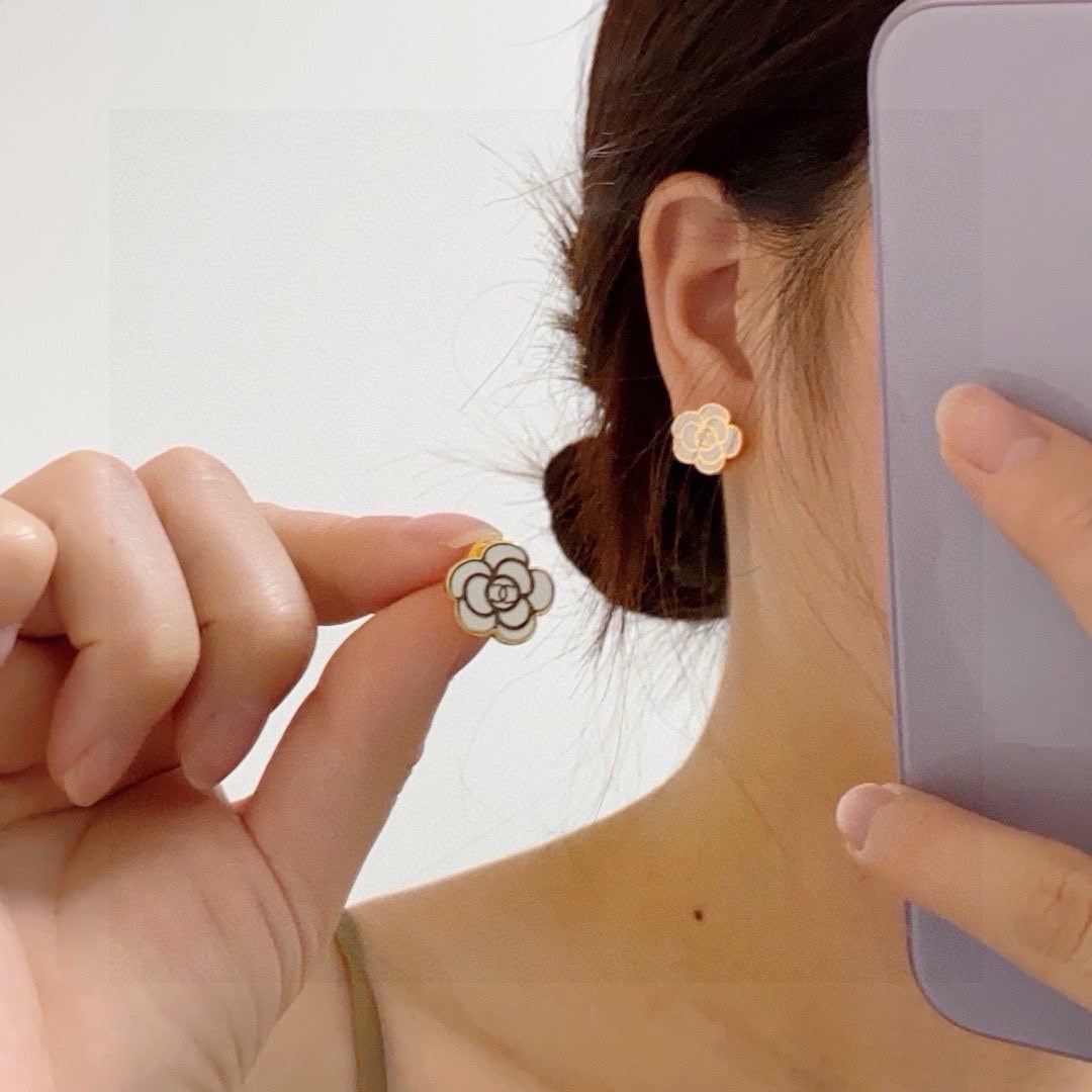 black and white silver post floral Stud Earrings for women - product detail view