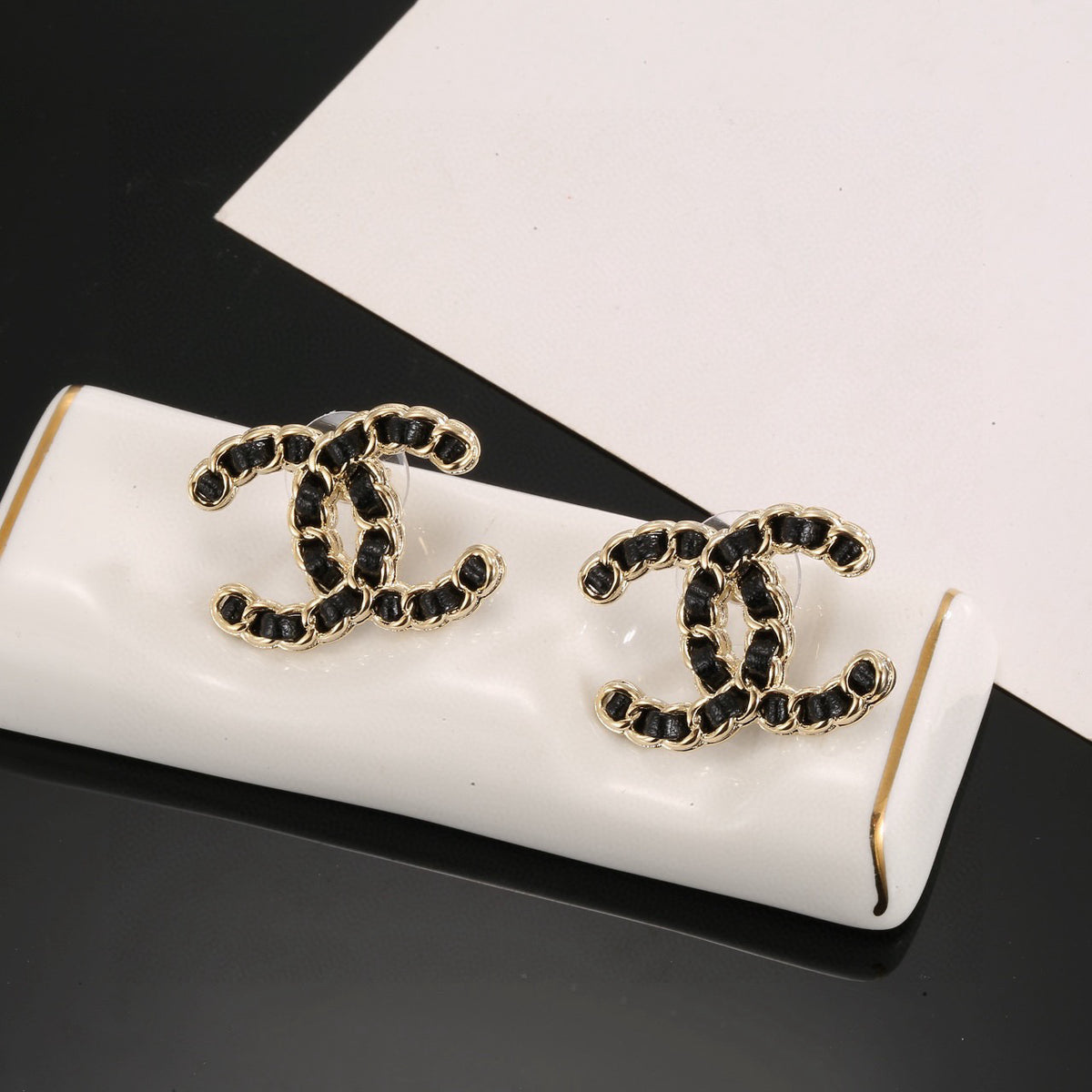 black leather luxury Drop Earrings for women - alternate angle view 2