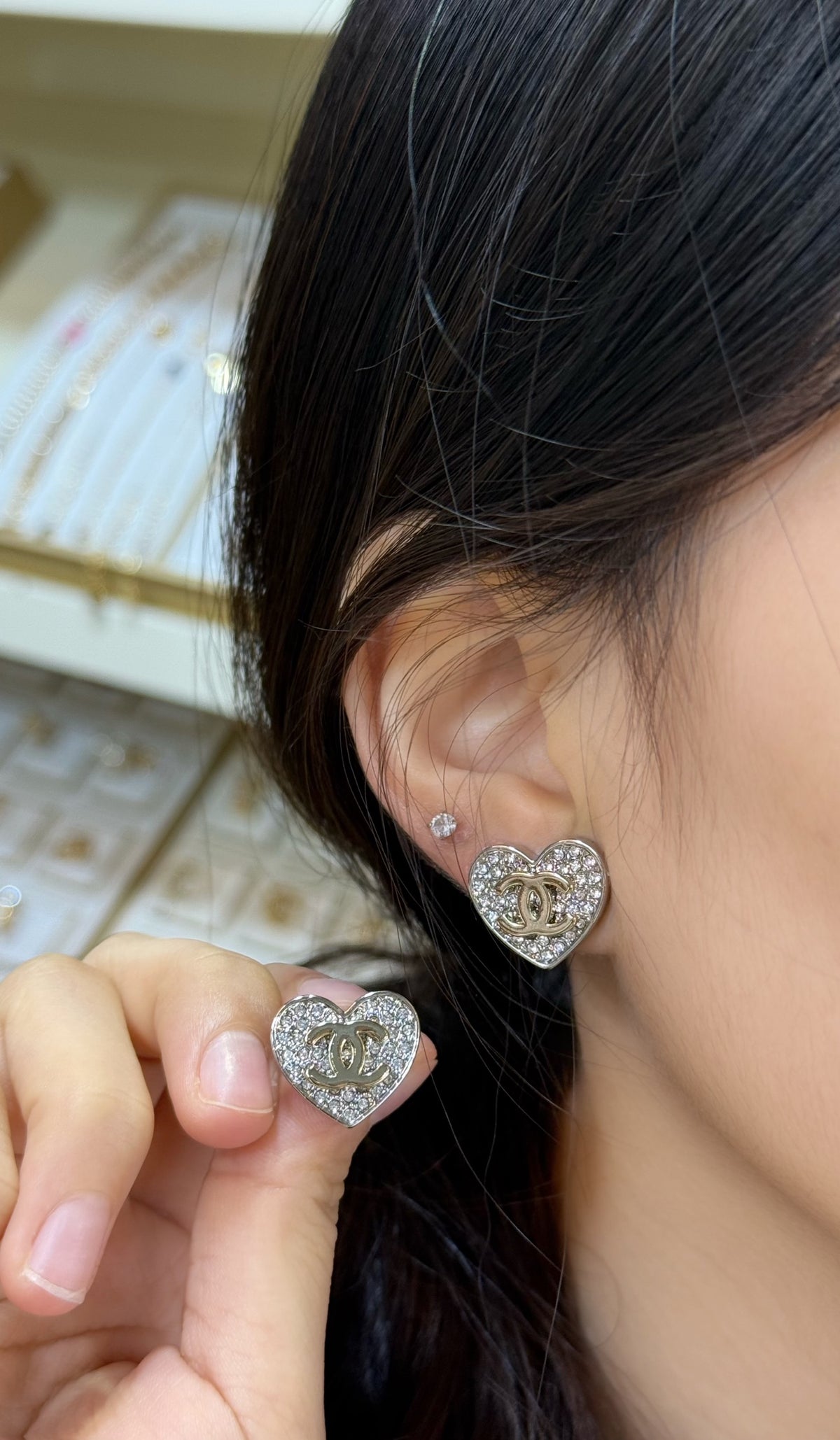 gold crystal heart Stud Earrings for women - product detail view