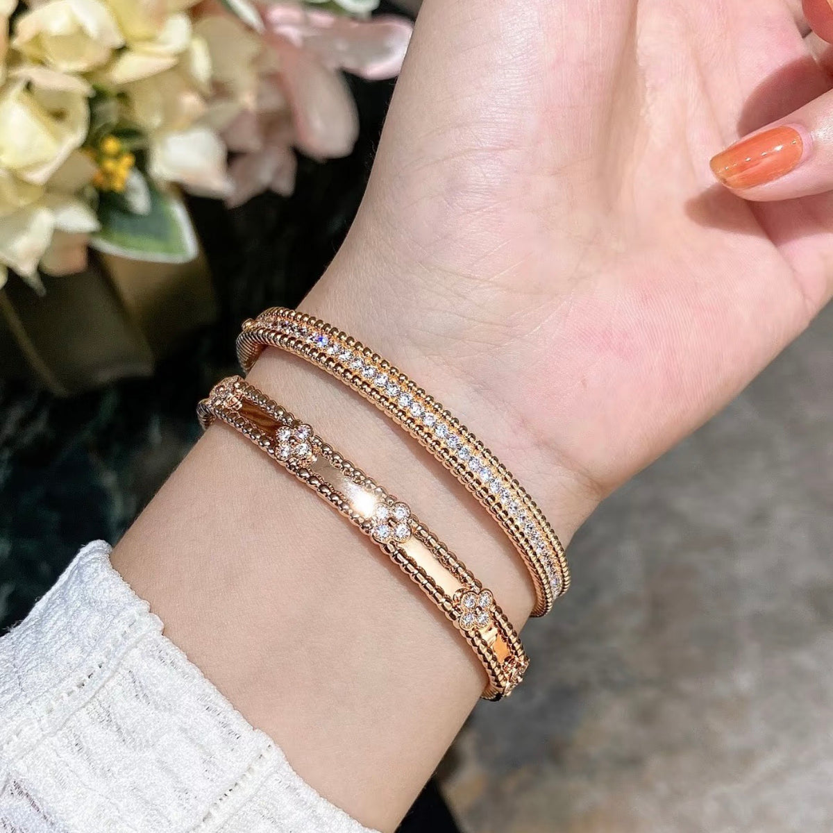 rose gold crystal rose Bangle for women - alternate angle view 7