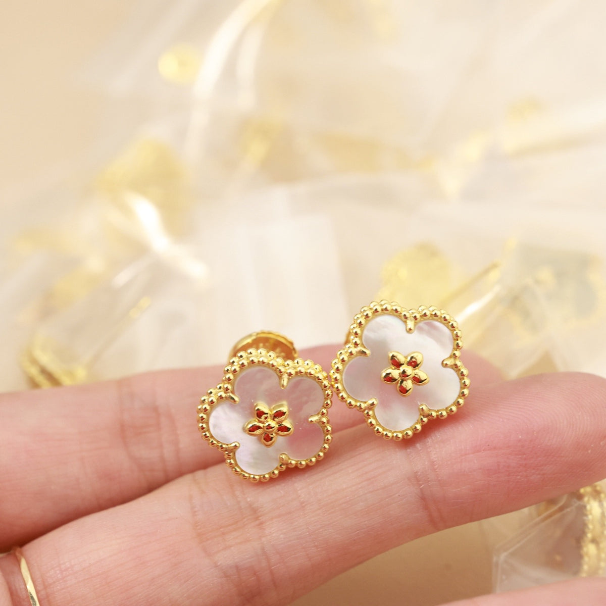 gold silver post clover Stud Earrings for women - alternate angle view 8
