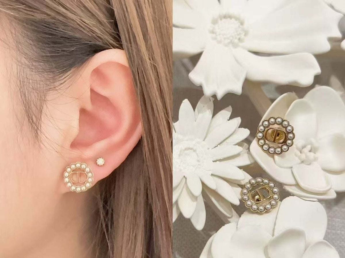pearl letter Stud Earrings for women - alternate angle view 3