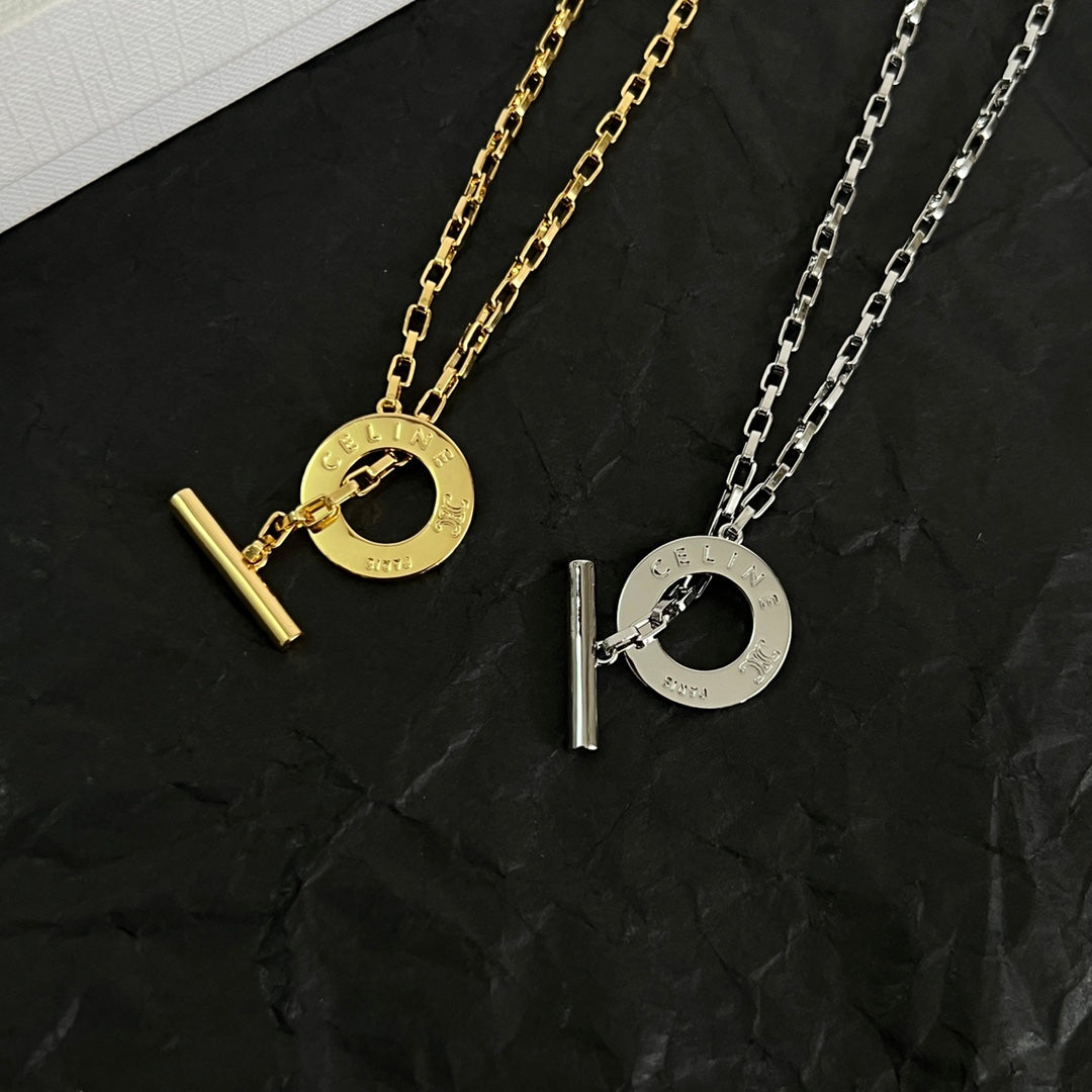 Signature Emblem Pendant Necklace in Polished Metal-Tone – Design 02 front view