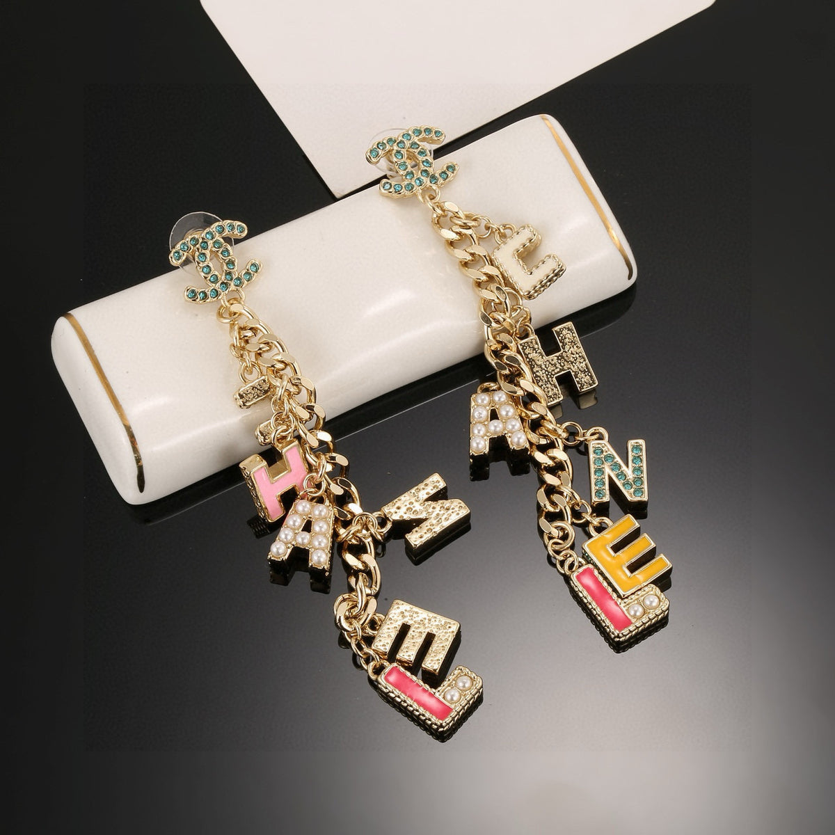 gold gold plated letter Drop Earrings for women - alternate angle view 4