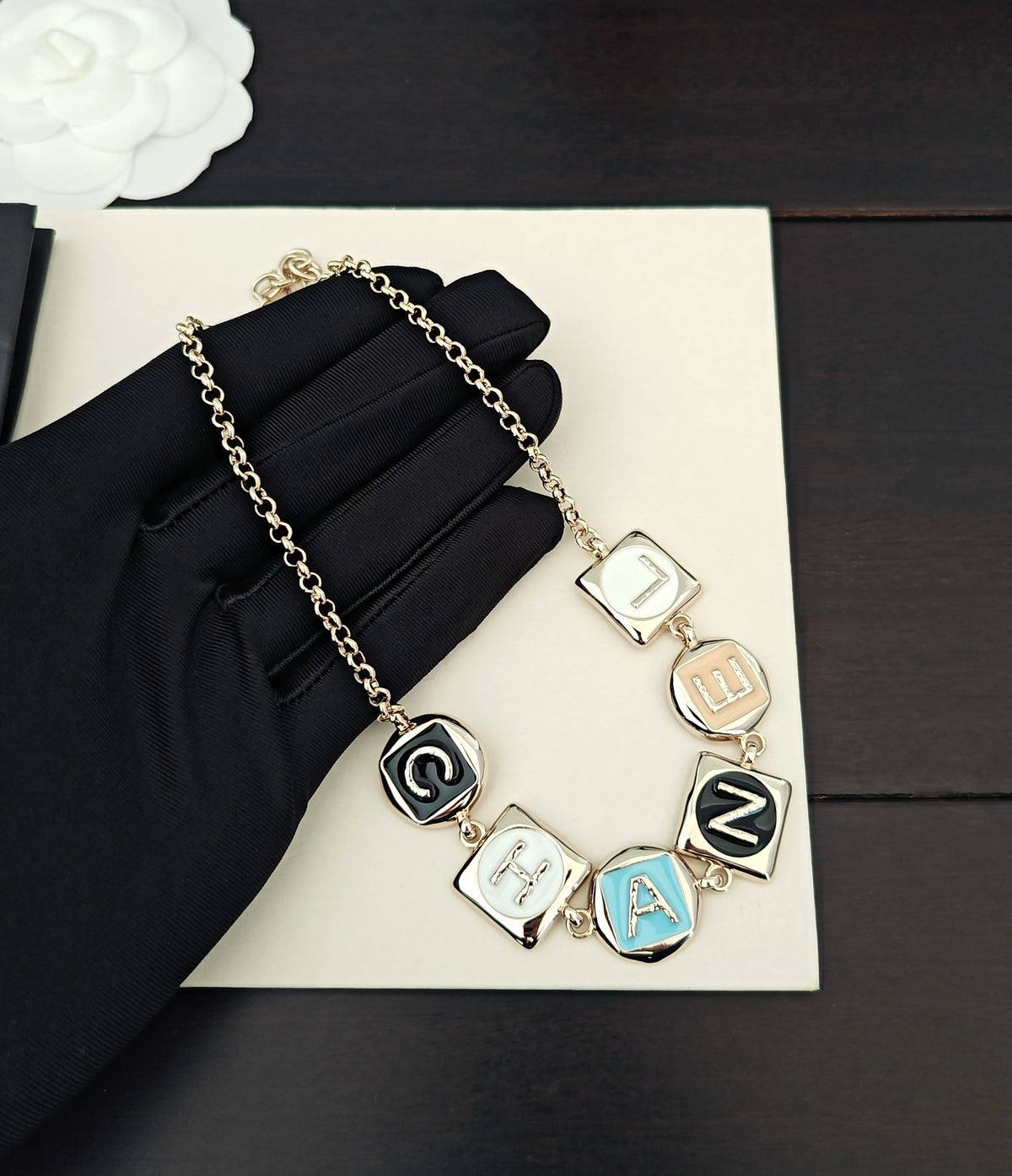 multicolor brass letter Necklace for women - alternate angle view 5