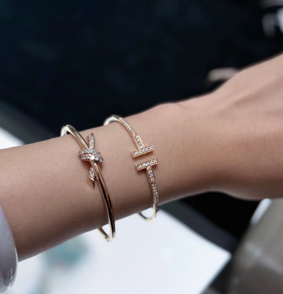 rose gold crystal rose Bangle for women - alternate angle view 4