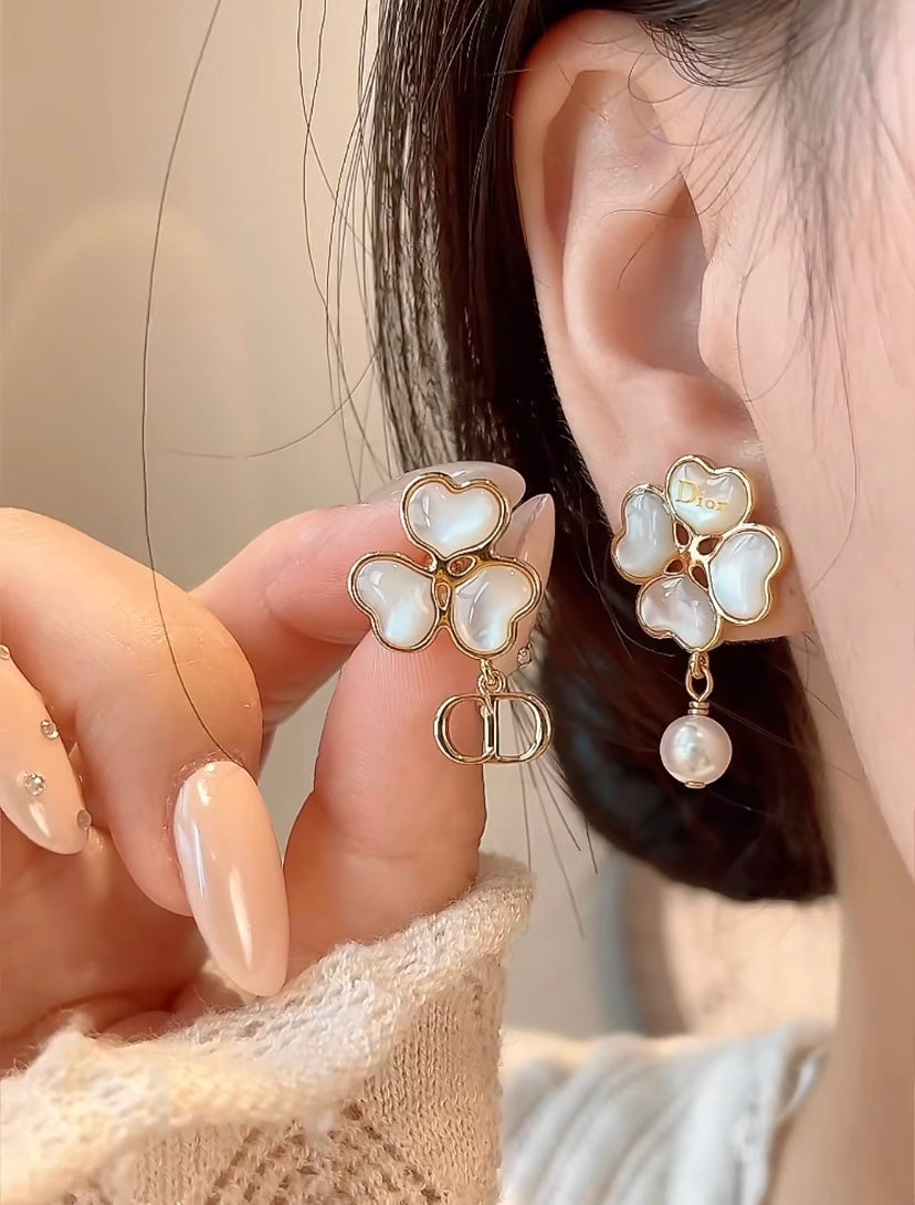 gold pearl clover Stud Earrings for women - alternate angle view 9