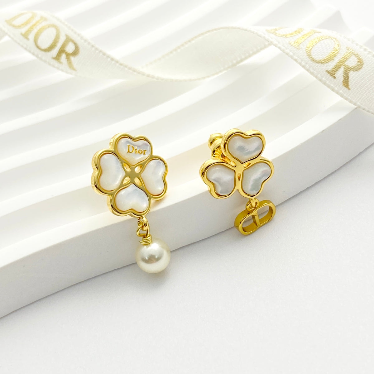 gold pearl clover Stud Earrings for women - alternate angle view 8