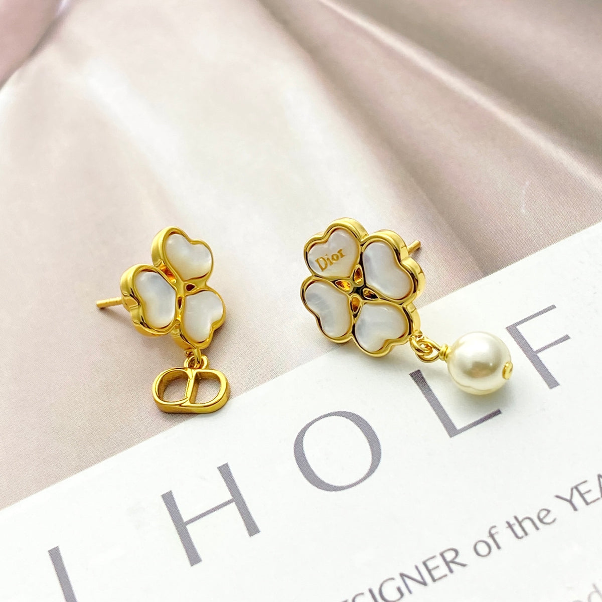 gold pearl clover Stud Earrings for women - alternate angle view 6