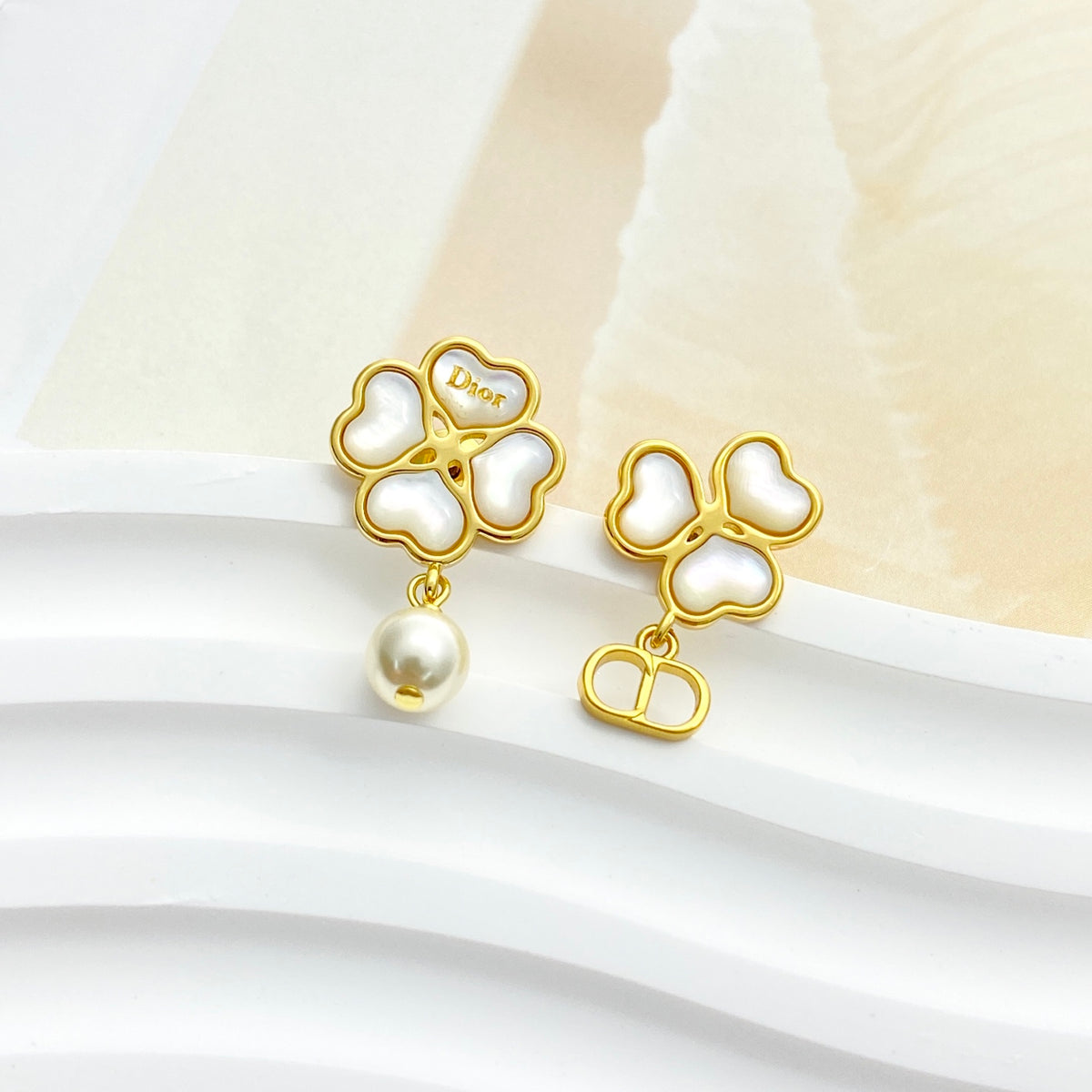 gold pearl clover Stud Earrings for women - alternate angle view 7