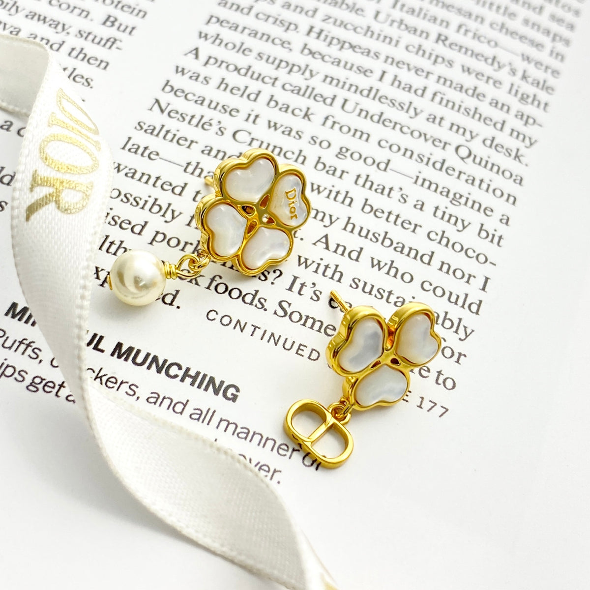 gold pearl clover Stud Earrings for women - alternate angle view 3