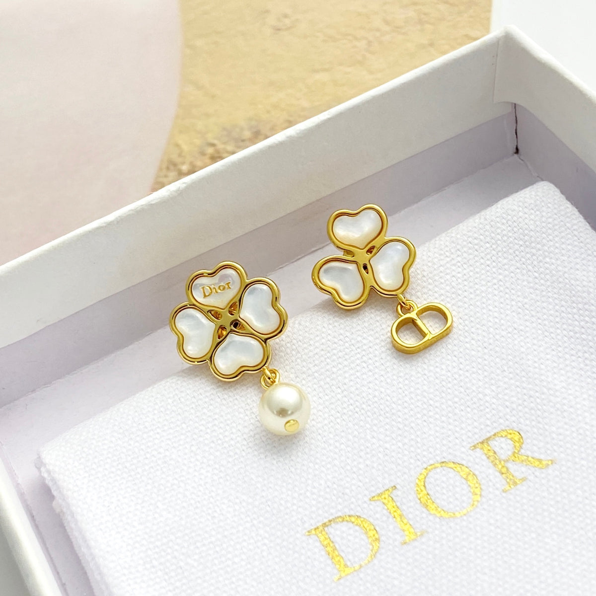 gold pearl clover Stud Earrings for women - alternate angle view 4