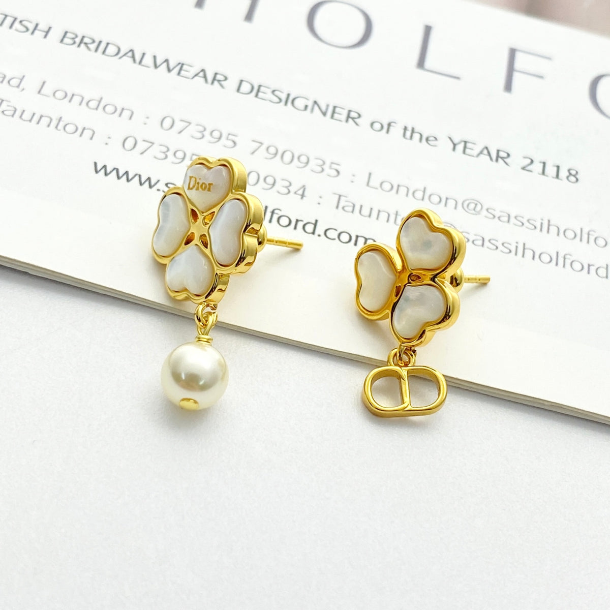 gold pearl clover Stud Earrings for women - alternate angle view 2