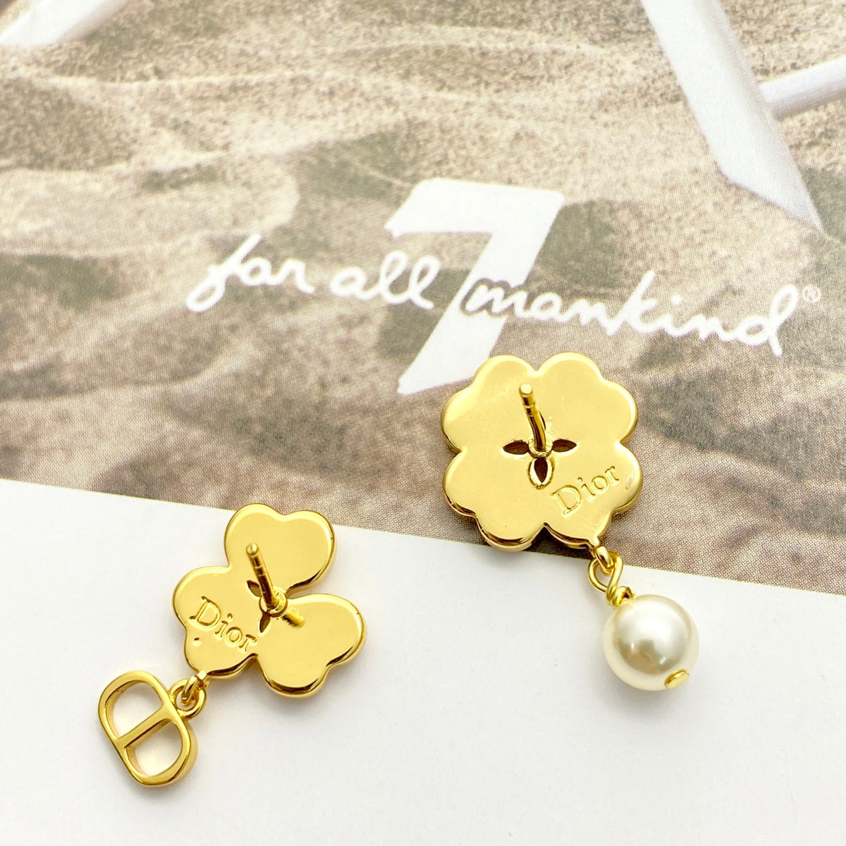 gold pearl clover Stud Earrings for women - alternate angle view 5