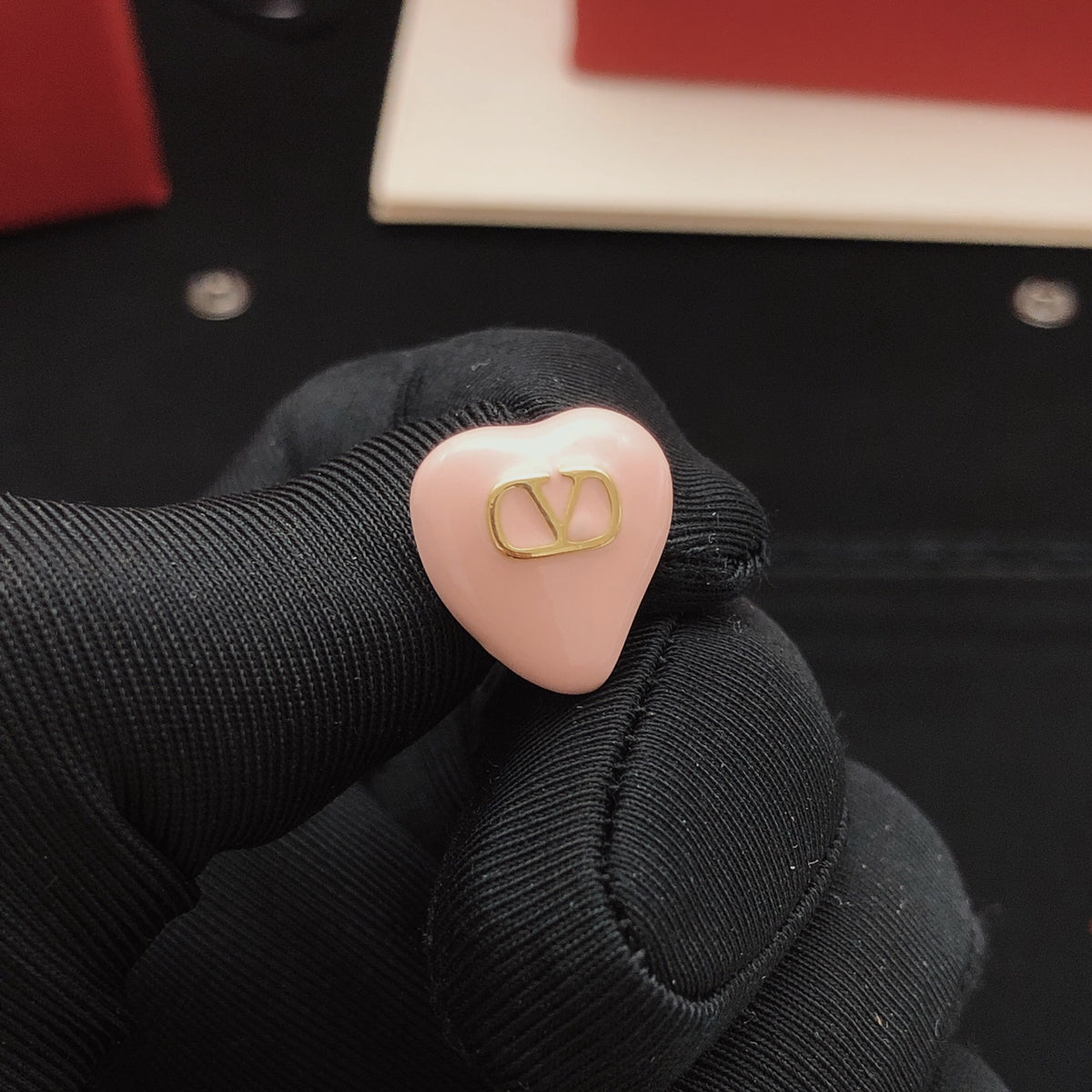pink brass heart Stud Earrings for women - alternate angle view 2