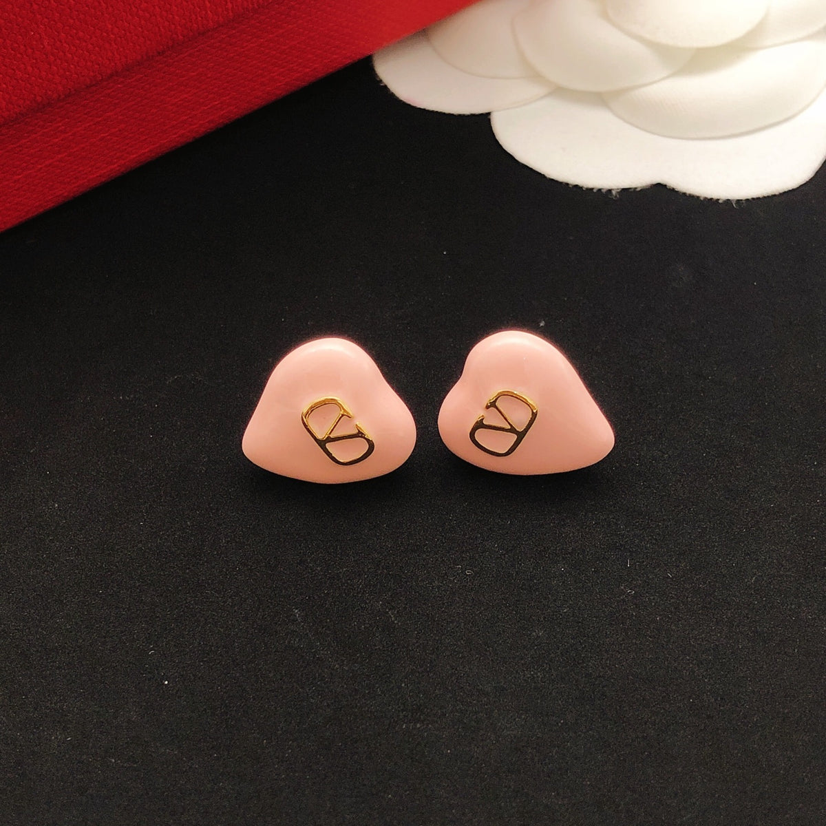 pink brass heart Stud Earrings for women - alternate angle view 4