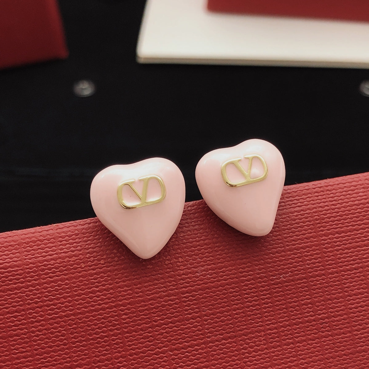 pink brass heart Stud Earrings for women - alternate angle view 3