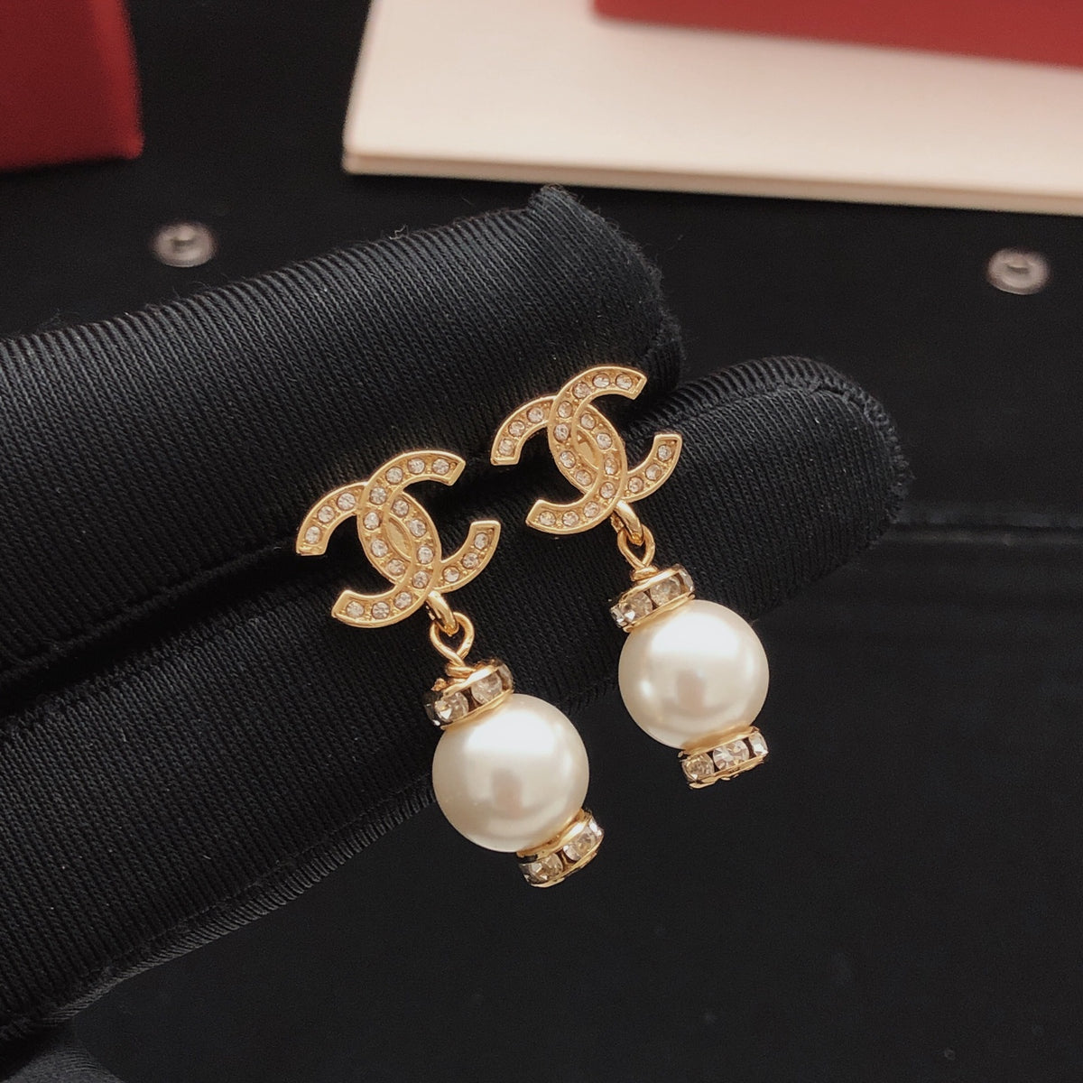 yellow brass pearl Stud Earrings for women - alternate angle view 2